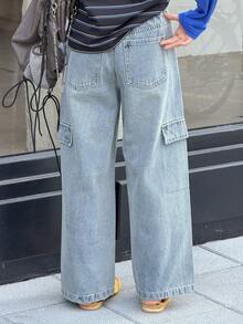 DAZY Quần jeans cargo dáng rộng có túi dành cho bé gái tuổi teen, thích hợp cho mùa thu. - Rửa nhẹ - Xem 4