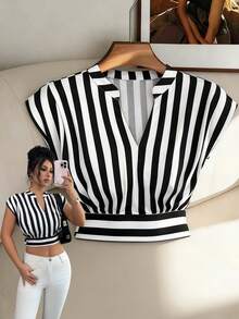 Elenzga 女士针织条纹优雅夏季度假T恤 - 黑色 - 查看 1