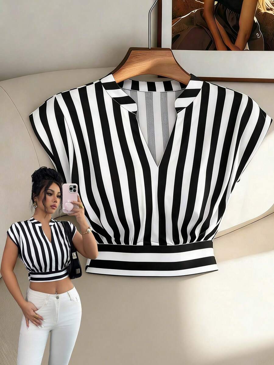 Elenzga 女士针织条纹优雅夏季度假T恤 - 黑色 - 查看 1