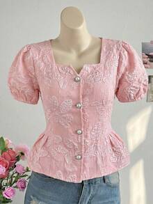 Teen GirlTextured Square Collar Open Front Puff Sleeve Ruffle Hem Casual Shirt, Summer - Pink - View 3
