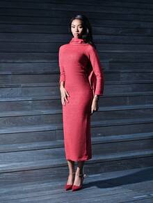 Mima John 2 件套女士纯色长袖修身优雅针织连衣裙（含围巾） - 酒紅色 - 查看 4