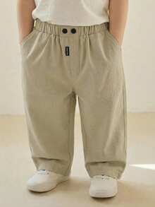 SHEIN 男婴/女婴休闲卡其色松紧腰带口袋校裤/长裤/裤子 - 卡其色 - 查看 1