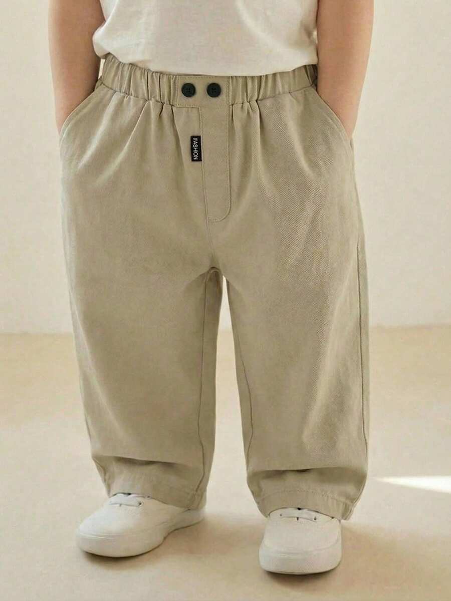 SHEIN 男婴/女婴休闲卡其色松紧腰带口袋校裤/长裤/裤子 - 卡其色 - 查看 1