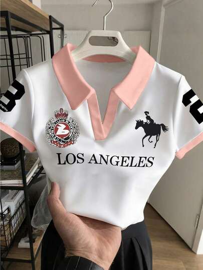 Women & Teen Girls' White Polo Shirt With Vintage-Style #23 Print, Horse Girl Graphic, Fitted, Suitable For Spring/Summer Casual Outings, Comfortable For Daily Wear, Versatile, Classic Colorblock Design, Suitable For All Seasons