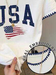 Resyla Áo thun nữ kiểu dáng thường ngày in hình cờ Mỹ và chữ cái, viền tương phản, thêu họa tiết, thích hợp cho mùa hè. - trắng - Xem 3