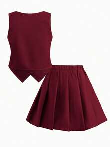少女优雅V领无袖上衣和百褶裙套装 - 酒紅色 - 查看 2