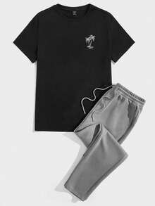 Manfinity BRENVOR Bộ áo thun và quần dài nam in hình cây dừa, thích hợp cho mùa hè. - Nhiều màu - Xem 3