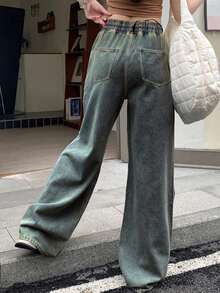 DAZY 女式休闲做旧水洗抽绳腰阔腿牛仔裤 - 深色水洗藍 - 查看 3