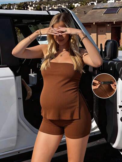 SHEIN 2pcs Maternity Solid Color Comfortable Cropped Top And Shorts Set, Summer Cute Maternity  Outfit Summer Outfits  Beach Outfit Casual Outfit Holiday Outfits