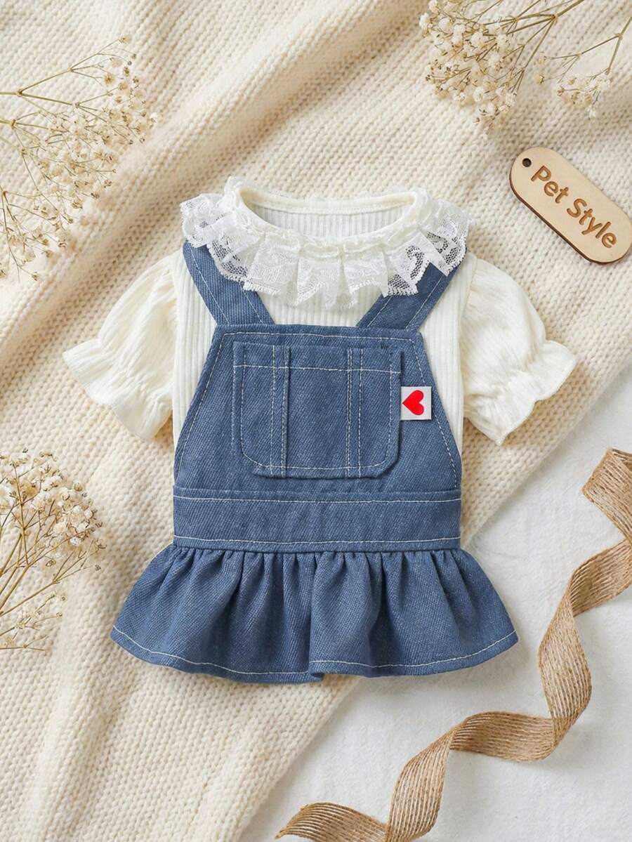 PETSIN 1pc Cat/Dog Universal Skirt, Ruffle Pet Dress With Shoulder Straps, Lace Collar Fake Two-Piece Cat And Dog Clothing - Blue - View 1