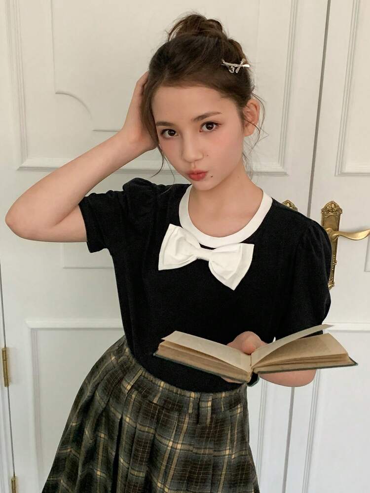 Tween Girls Round Neck Bow Decor Puff Sleeve T-Shirt, Fall Summer