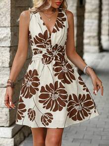 EMERY ROSE 女士轻盈优雅简约高端休闲波西米亚风度假/通勤复古风无袖褶皱腰部荷叶边下摆纯色印花迷你连衣裙，春夏款 - 杏色 - 查看 4