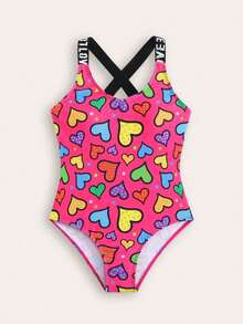 SHEIN GraphicGems New Fashion Heart Print One-Piece Swimsuit For Young Girls - Multicolor - View 1