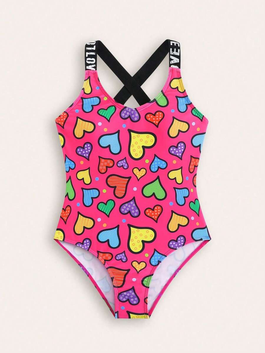 SHEIN GraphicGems New Fashion Heart Print One-Piece Swimsuit For Young Girls - Multicolor - View 1