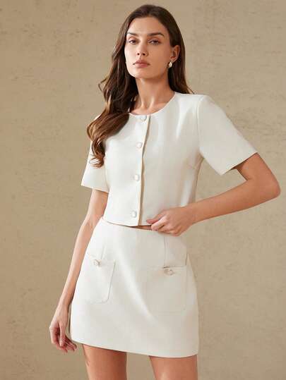 Aveloria Rosie New Elegant Commuter Outfit, Comfortable Round Neck Short Sleeve Fitted Top And Skirt 2 Pieces Suit Set For Women