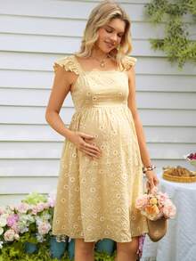 SHEIN Plaid Print Strap & Ruffle Sleeve Casual Holiday Maternity Dress - Yellow - View 3