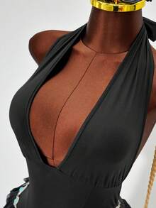 Mistrie Mono sexy de cuello halter, diseño de espalda profunda y sin espalda, dobladillo asimétrico con volantes de malla, estilo ajustado y ceñido al Body - Negro - Ver 4