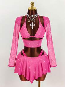 Amplova 亮片细节性感紧身长袖露脐上衣和紧身倒V领迷你裙两件套 - 玫紅色 - 查看 7