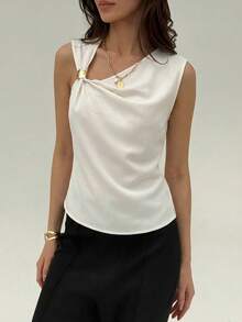 Aloruh 女士金属扣装饰翻领无袖杏色衬衫 - 杏色 - 查看 6