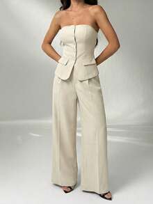 SHEIN PETITE 1 Set Solid Color Fitted Camisole Top And Elegant Pants Suit In Fall/Winter - Apricot - View 4