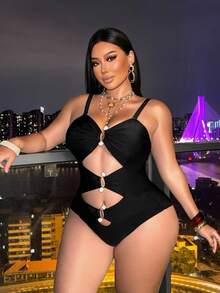 Swim SXY Plus Size Women's Solid Color Detachable Strap Hollow Out Sexy One-Piece Swimsuit, Fashionable For Beach & Resort - Black - View 1