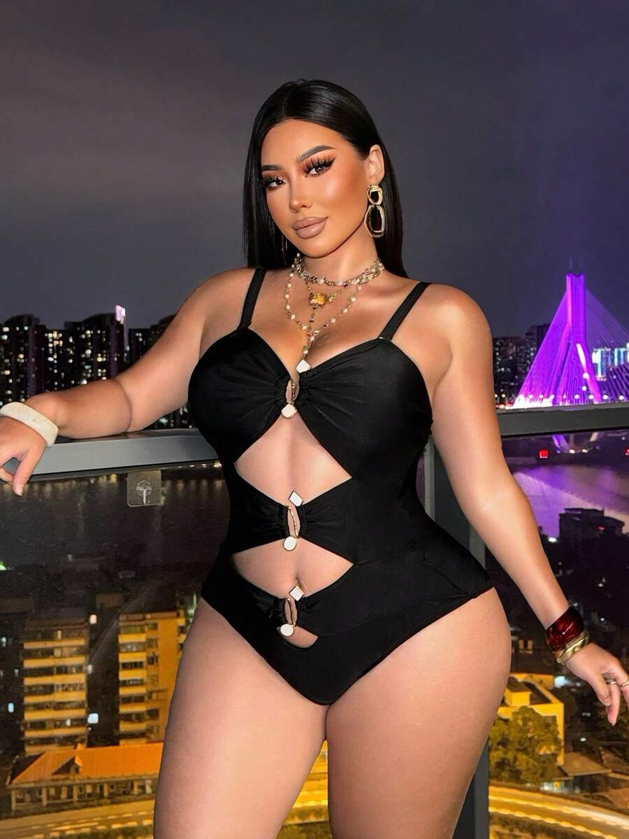 Swim SXY Plus Size Women's Solid Color Detachable Strap Hollow Out Sexy One-Piece Swimsuit, Fashionable For Beach & Resort - Black - View 1