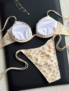 Swim Chiccia Women's White Summer Casual Pool Party Vacation Holiday Cream Seashell Textured Bikini Set,Special Fabric Elegant Modest Two Pieces Beach Swimwear - Apricot - View 9