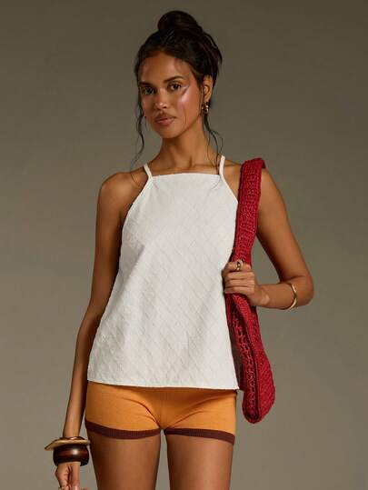 Athîral Women's Casual White Jacquard Plaid Sleeveless Off-Shoulder Denim Blouse, Spring/Summer