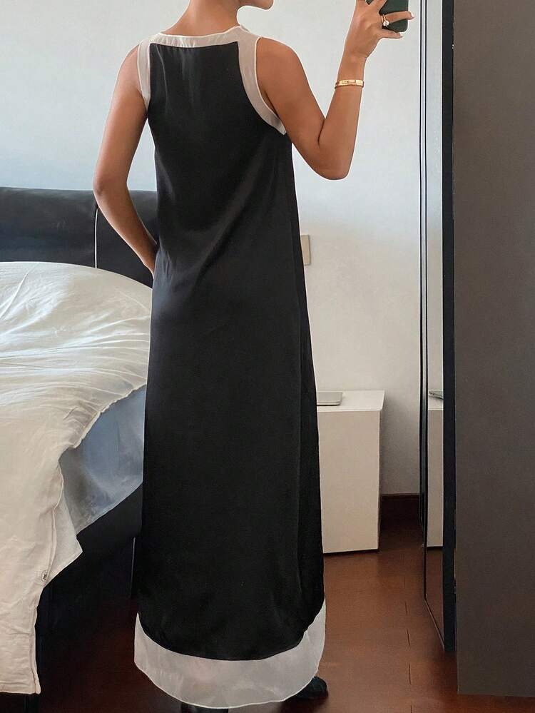 Contrast Mesh Lace V-Neck Sleeveless Dress, Elegant Summer Holiday Long Dress For Women
