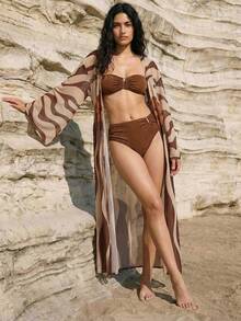 Maija Đầm dài tay cổ chữ V thiết kế xoắn eo dành cho nữ, thích hợp mặc hàng ngày. - màu nâu - Xem 2