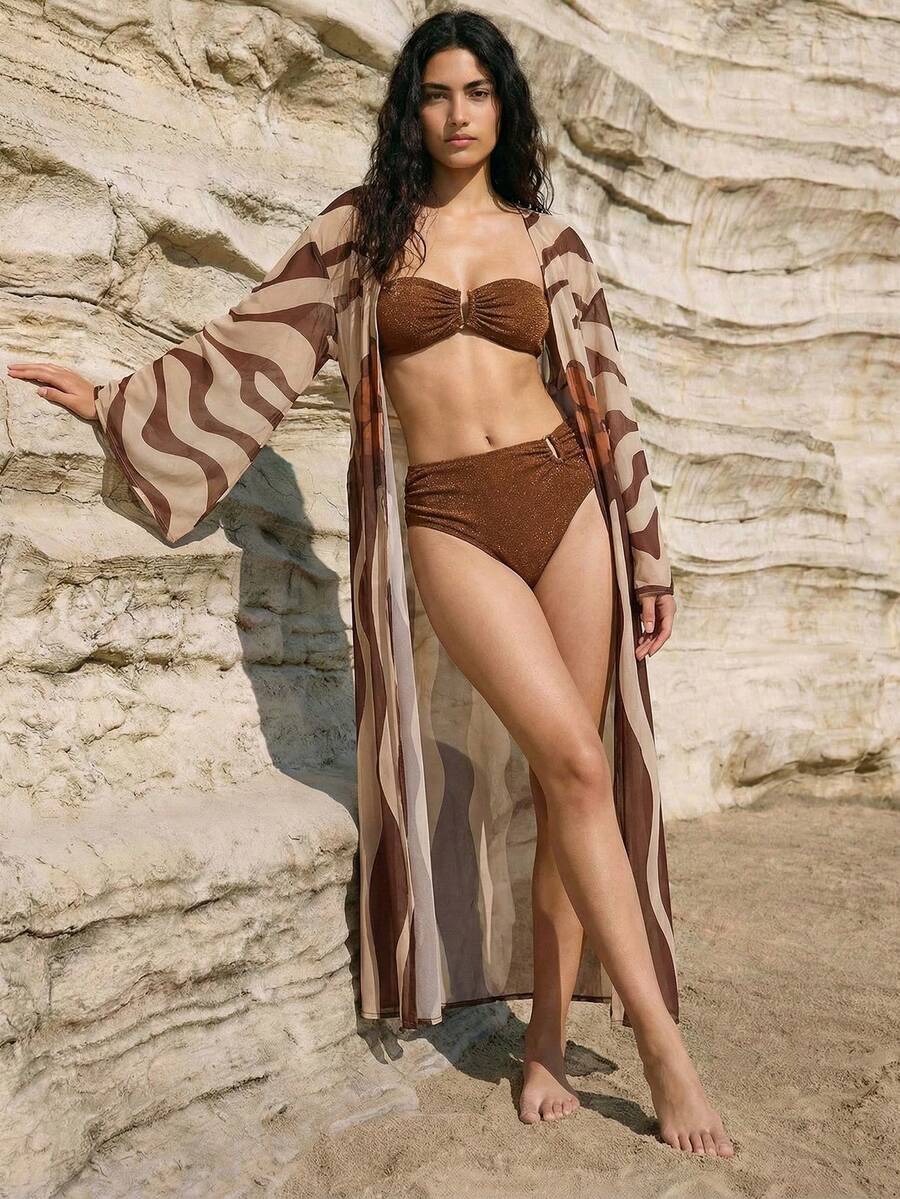 Maija 女士V领扭腰设计长袖休闲日常罩衫连衣裙 - 棕色 - 查看 1