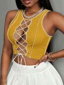 Slaydiva 休闲基础款运动性感Y2K街头风交叉撞色罗纹无袖露脐上衣（女款） - 黃色 - 查看 5