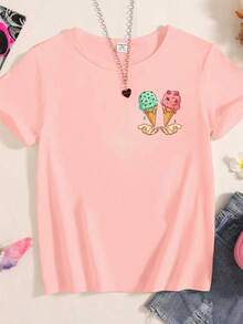 少女甜筒印花短袖上衣，休闲舒适，适合春夏穿着，时尚百搭，可用于户外活动、野餐、街头摄影、居家、学校、节日庆典等场合，也是馈赠佳品。 - 白色 - 查看 4