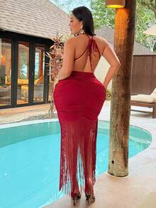 NU&NOW Vestido rojo sexy de talla grande con hombros descubiertos, espalda descubierta, lazo y flecos - Burdeos - Ver 5