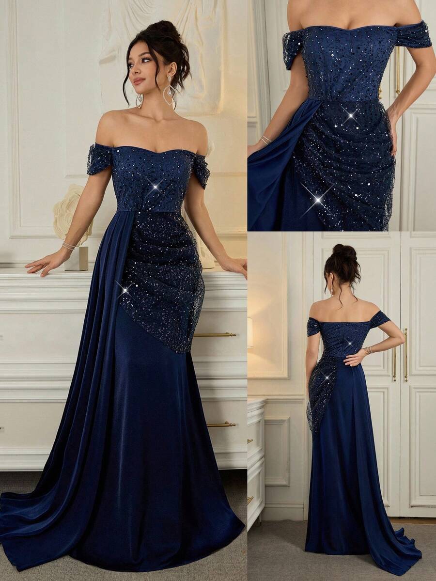 Poshira Luxury Sequin Formal Dress, High-End Elegant Party Gown Elegant Sequin Embellished Dress, High-End Formal Gown For Banquet Women's Formal Evening Dress Gown (Heavy Embroidery) Women Rhinestone Embellished Sheer Navy Blue Long Evening Gown, Wedding Guest Dress, Elegant Evening Dress, Prom Dress, For Wedding Dress Waist And Chest Slimming, Party Dress, Formal Dress Off Shoulder Formal Dress Navy Blue Formal Dress Elegant Formal Dress Evening Formal Dress Gala Dress Elegant Elegant Dresses Formal Party Evening Elegant Dresses  Graduation Ceremony, School Opening, Music Festival, Birthday Party, Wedding, Afternoon Tea Gathering, Ball