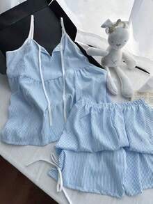 Resyla Conjunto de duas peças feminino, estilo coreano, com blusa de alcinha listrada em azul e branco, modelagem solta e moderna, perfeita para o verão. - Azul - Ver 4