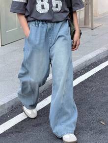 DAZY 少女款带口袋阔腿宽松休闲百搭牛仔裤 - 藍色 - 查看 7