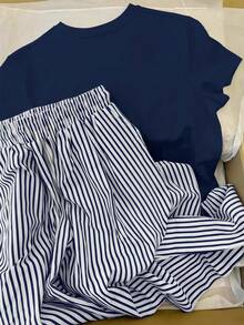 Resyla Women's Round Neck Cartoon Letter Print Short Sleeve Top And Striped Drawstring Waist Wide Leg Pants Casual Daily Suit - Royal Blue - View 2