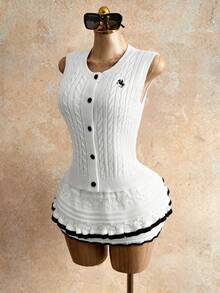 Mistrie Women's White Knit Button Sweater Vest Top Twisted Rope Sleeveless Casual Autumn Elegant And Classy School Back-To-School Patchwork Summer Tops - White - View 5