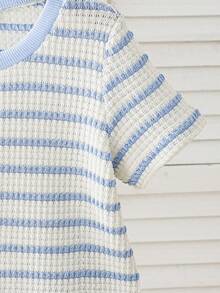 SHEIN 男童条纹针织毛衣短裤套装（2件套），适合休闲、度假、运动、夏季穿着 - 藍色 - 查看 8