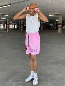 Ngobest Haus Ngobest Haus Men Drawstring Waist Pocket Shorts With Letter And Cartoon Print Summer Baggy Pattern Graffiti Plain Going Out - Pink - View 6