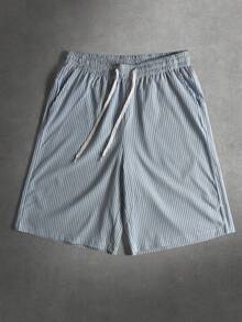 STYNVO Men's Summer Casual Striped Drawstring Waist Shorts - Blue and White - View 1