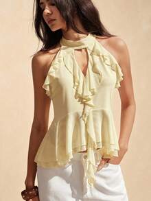 Easelle Áo tank top nữ màu vàng lưới, cổ yếm, không tay, xếp nếp, khoét lỗ - Màu vàng ngỗng - Xem 5
