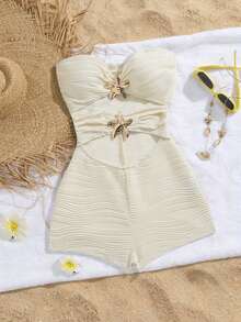 Bluhae Mono de punto casual y sexy para vacaciones de mujer - Albaricoque - Ver 3