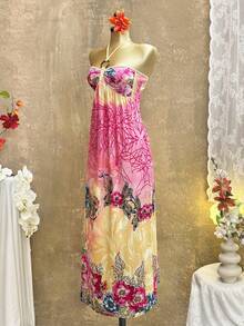 INAWLY Women's Floral Print Casual Halter Dress For Vacation - Pink - View 1