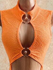 Mistrie 女士性感镂空无袖紧身迷你连衣裙，夏季 - 亮橙色 - 查看 4