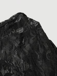 SHEIN MOD 加大码黑色蕾丝不对称领口衬衫 - 黑色 - 查看 3