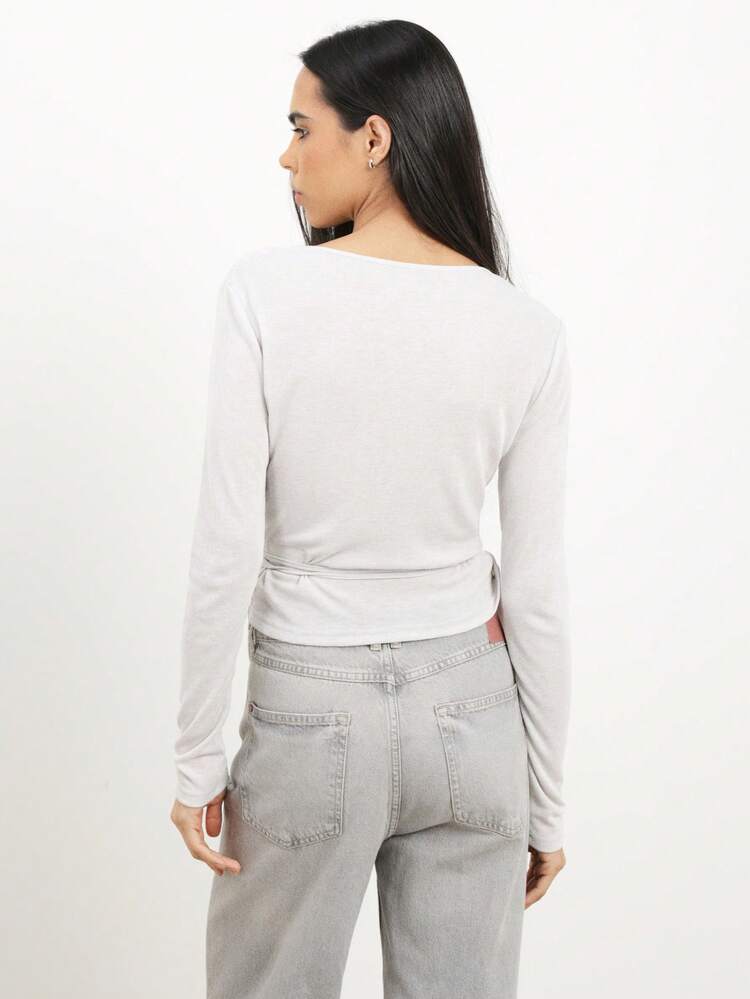 KSTM Women's Long Sleeve Wrap Front V Neck Tie Detail Casual Top With Cropped Silhouette For Fall Winter Layering