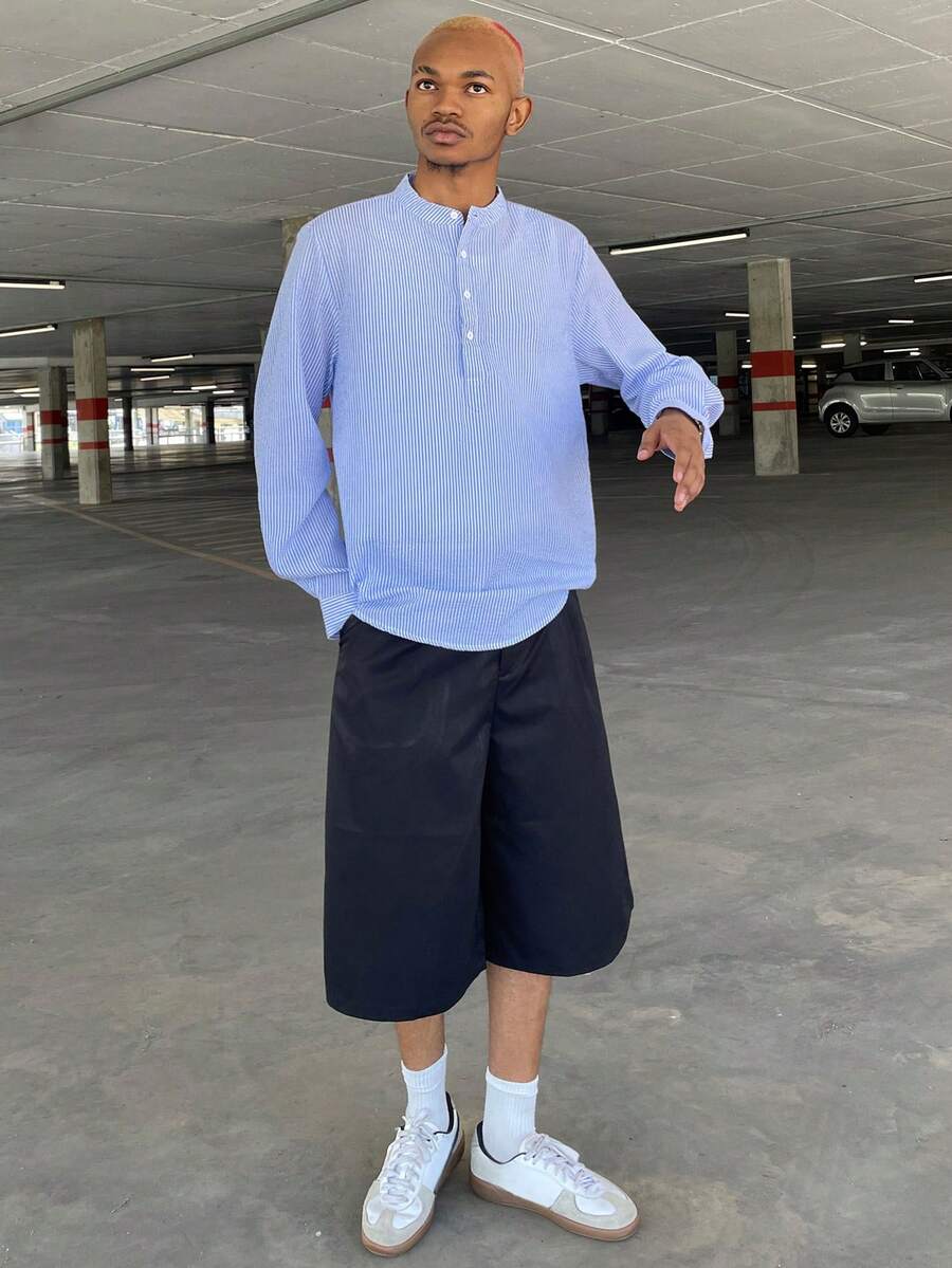 Ngobest Haus Ngobest Haus GloMan 男士半开襟衬衫，亚麻纹理衬衫，立领设计，轻盈透气长袖度假上衣，宽松版型，适合度假、派对、办公穿着，独特休闲男士礼物，蓝色衬衫 - 藍色 - 查看 1