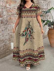 EMERY ROSE Đầm maxi phong cách Boho in họa tiết lông vũ cỡ lớn, đầm ngắn tay cổ chữ V dáng rộng thoải mái, phù hợp cho mùa xuân và mùa hè, đầm dự tiệc sang trọng, đầm maxi phong cách Boho, đầm in họa tiết lông vũ, đầm tông màu đất, trang phục nữ tông màu đất, đầm dài thoải mái, trang phục nữ phong cách Boho. - Nhiều màu - Xem 1